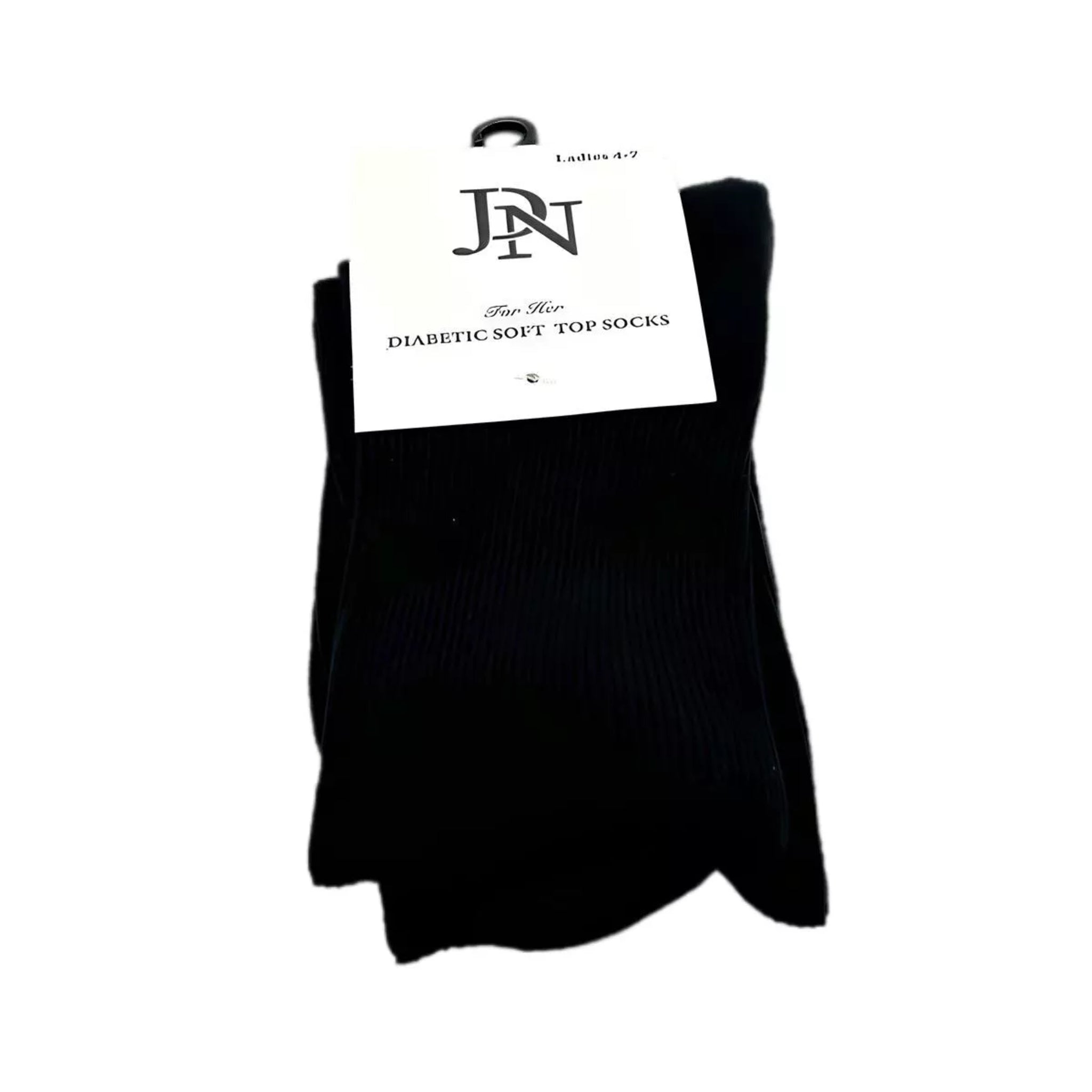 Ladies JDN branded black diabetic socks with non-elastic soft top for comfort and circulation support